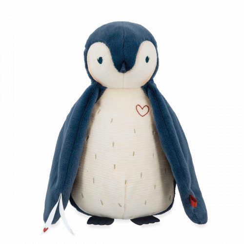Peluche à bruits blanc manchot bleu