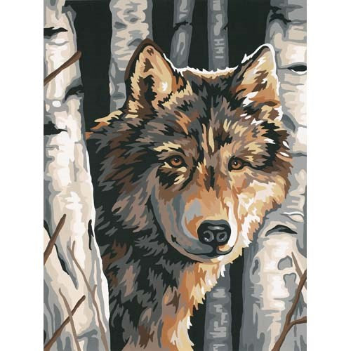 Peinture à numéros - Loup entre les bouleaux 9X12'