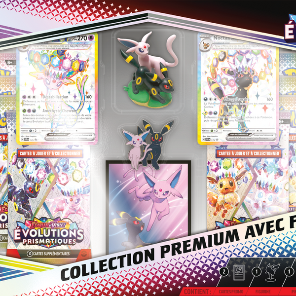 Collection Pokémon Premium Évolutions Prismatiques - Avec Figurine Espeon/Umbreon, 2 Cartes Holographiques, 11 Boosters