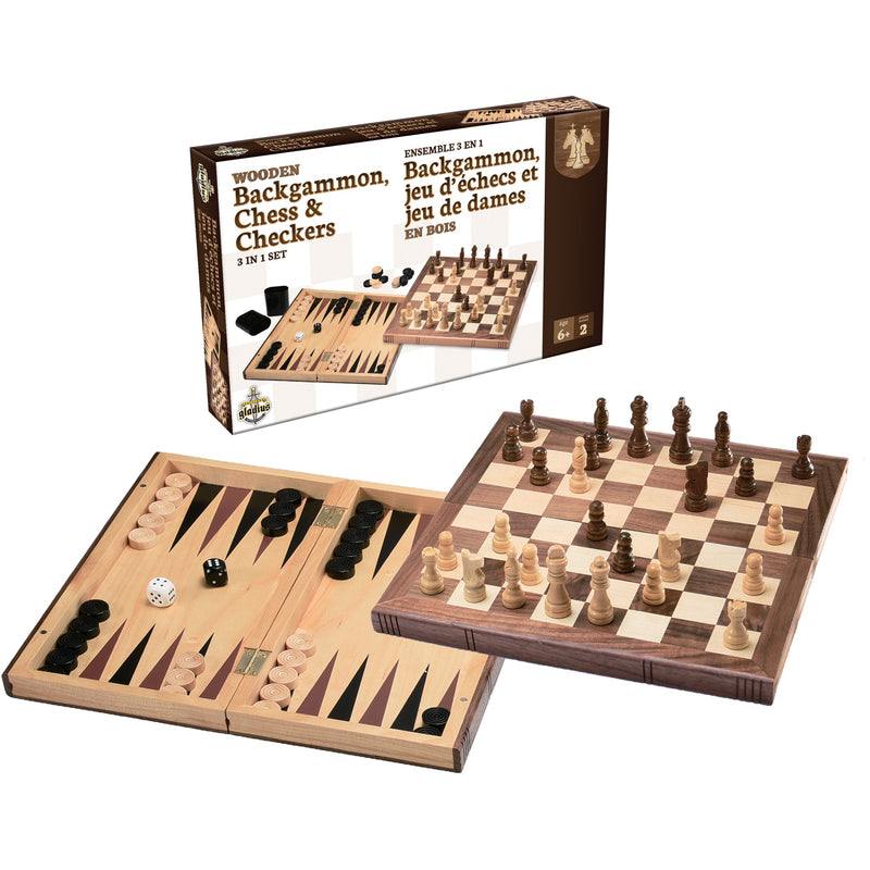 Ensemble 3 en 1 Backgammon/échecs et dames en bois