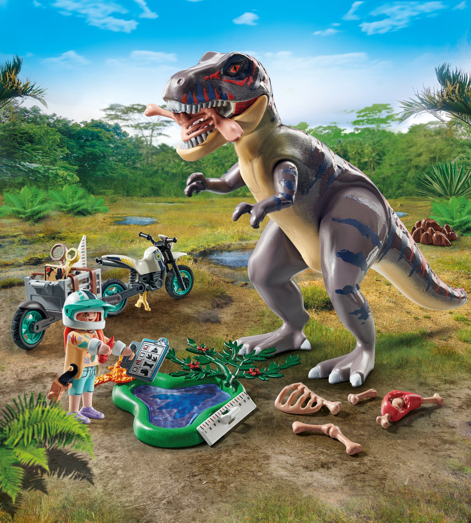 Explorateur avec moto et tyrannosaure